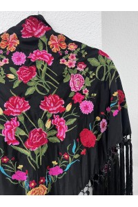 Mantoncillo CLAVELLINA negro, rojo y rosa, seda, artesanal
