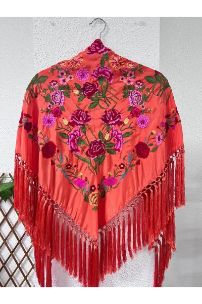 Mantoncillo CLAVELLINA naranja, rojo y rosa, seda, artesanal