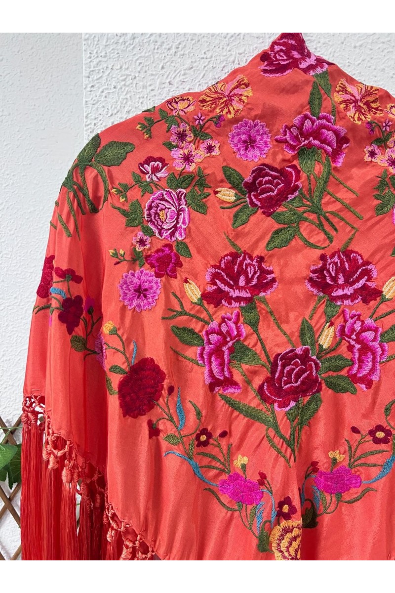 Mantoncillo CLAVELLINA naranja, rojo y rosa, seda, artesanal