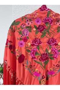 Mantoncillo CLAVELLINA naranja, rojo y rosa, seda, artesanal
