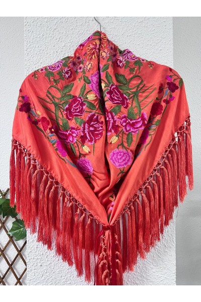 Mantoncillo CLAVELLINA naranja, rojo y rosa, seda, artesanal