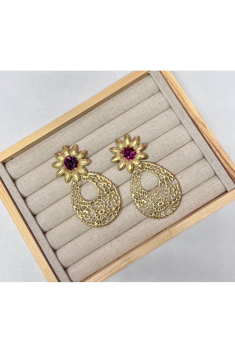 Pendientes ROMERO  dorado, buganvilla, artesanales, exclusivos