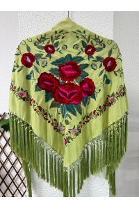 Mantoncillo de flamenca verde PASTORA, rojo, rosa, borlones