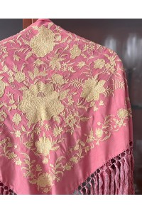 Mantoncillo de flamenca rosa y caña CAMPOAMOR, seda, borlones
