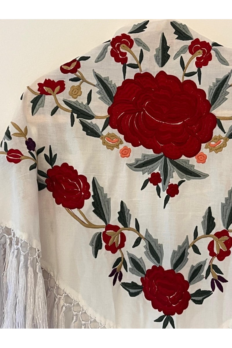Mantoncillo de flamenca JALEO blanco y rojo, borlones