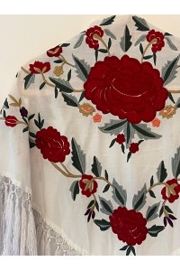 Mantoncillo de flamenca JALEO blanco y rojo, borlones