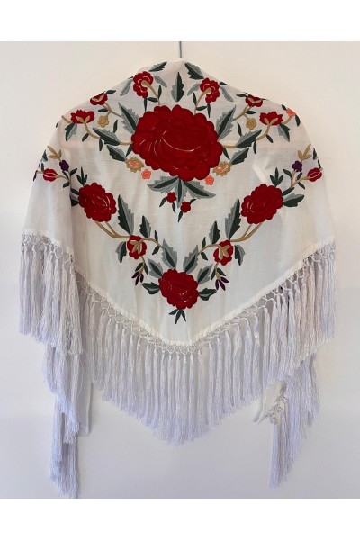 Mantoncillo de flamenca JALEO blanco y rojo, borlones