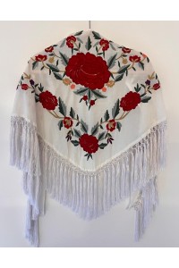 Mantoncillo de flamenca JALEO blanco y rojo, borlones