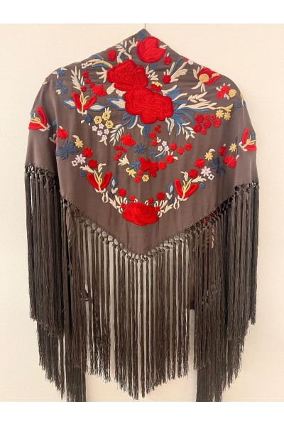 Mantoncillo de flamenca REVUELO gris y rojo, fleco super largo