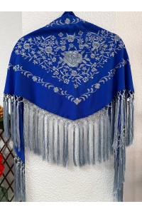 Mantoncillo de flamenca azulón, gris CASTAÑO, flecado a mano, borlón