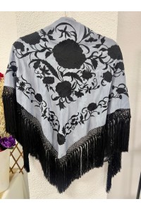 Mantoncillo de flamenca gris y negro PODERÍO, seda, borlones