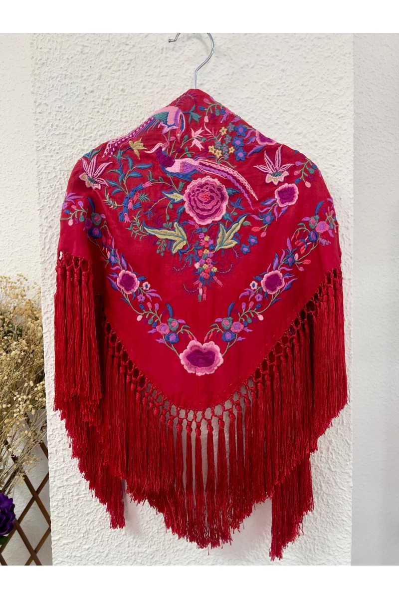 Mantoncillo pequeño FLORIDA rojo bordados alegres,seda, flecado tupido