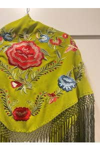 Mantoncillo de flamenca JÁNDULA verde seco, viscosa, flecado a mano