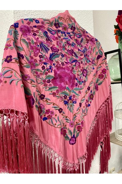 Mantoncillo de flamenca PARAISO rosa maquillaje, seda, borlón