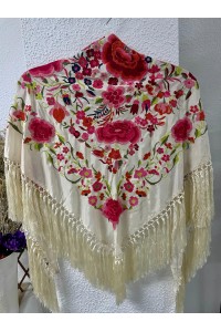 Mantoncillo CUATROROSAS blanco roto, fuxia, seda, borlones
