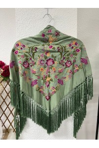 Mantoncillo de flamenca verde jabonoso CAMPANILLA, seda, borlones