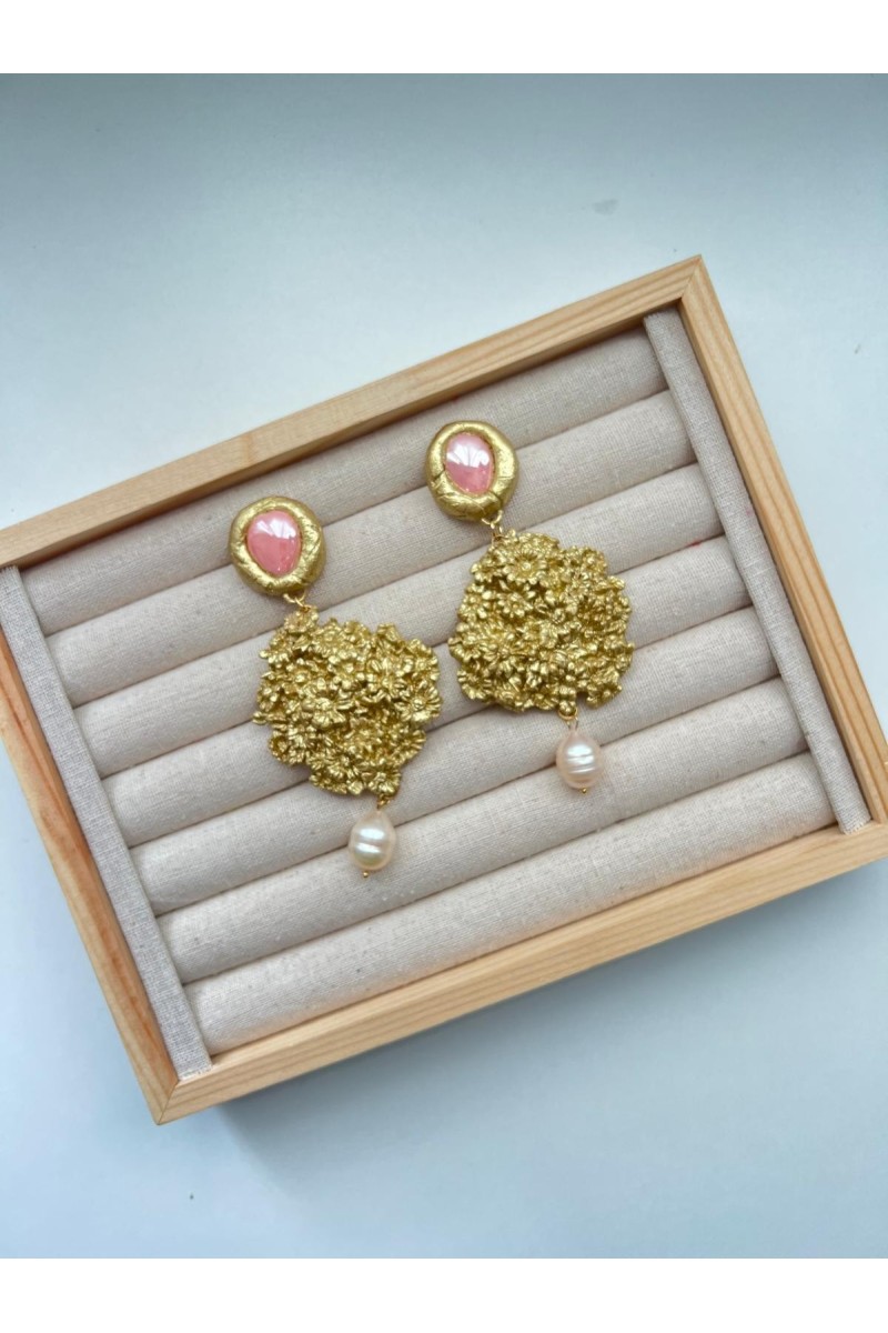 Pendientes Maxi JAZMÍN dorado, rosa, perla, artesanales, exclusivos