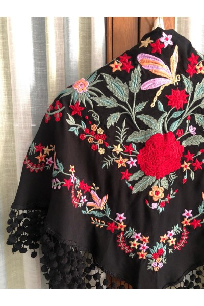 Mantoncillo de flamenca JAIMA negro y rojo, algodón con madroños