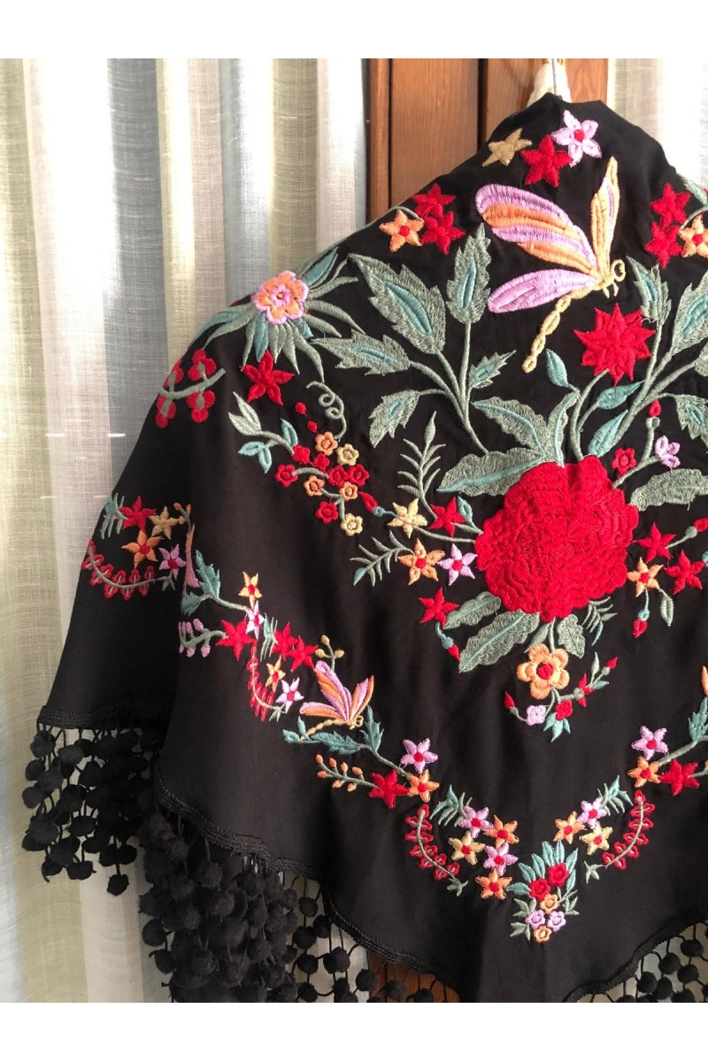 Mantoncillo de flamenca JAIMA negro y rojo, algodón con madroños
