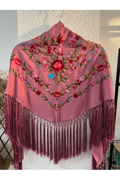 Mantoncillo rosa maquillaje PEÑAFLOR, flecado a mano, borlones