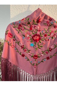 Mantoncillo rosa maquillaje PEÑAFLOR, flecado a mano, borlones