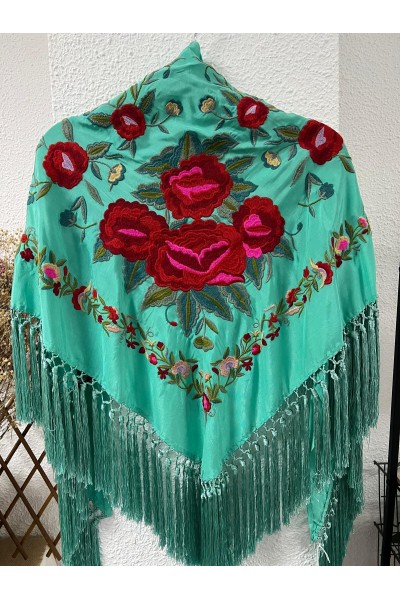 Mantoncillo de flamenca verde agua PASTORA, rojo, rosa, borlones