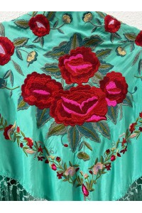 Mantoncillo de flamenca verde agua PASTORA, rojo, rosa, borlones