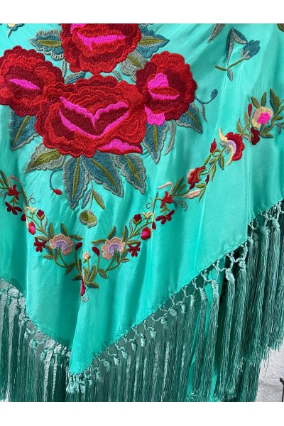 Mantoncillo de flamenca verde agua PASTORA, rojo, rosa, borlones