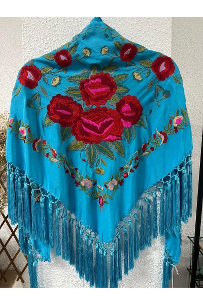 Mantoncillo de flamenca turquesa PASTORA, rojo, rosa, borlones