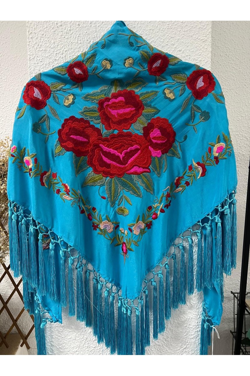 Mantoncillo de flamenca turquesa PASTORA, rojo, rosa, borlones Mantoncillo de flamenca turquesa PASTORA, rojo, rosa, borlones