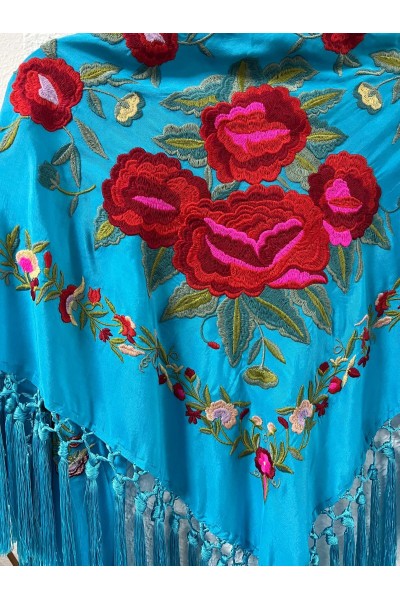 Mantoncillo de flamenca turquesa PASTORA, rojo, rosa, borlones