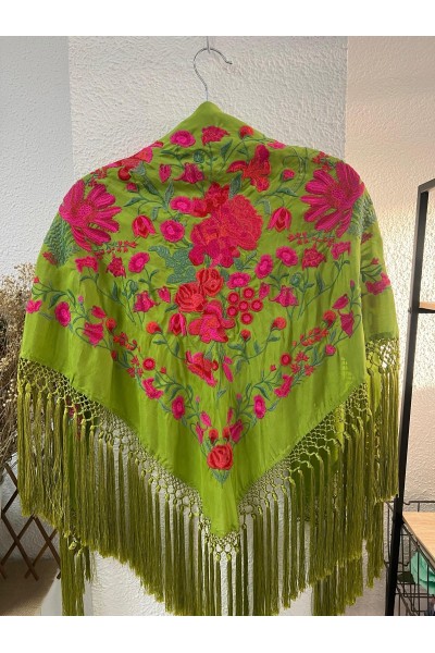Mantoncillo de flamenca ALGAIDA, verde lima y fuxia, flecado especial