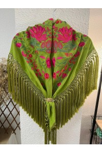 Mantoncillo de flamenca ALGAIDA, verde lima y fuxia, flecado especial
