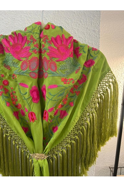 Mantoncillo de flamenca ALGAIDA, verde lima y fuxia, flecado especial