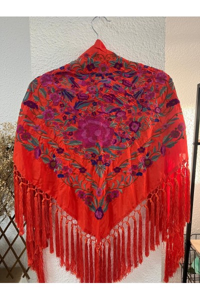 Mantoncillo de flamenca PARAISO naranja butano y fuxia, seda, borlón