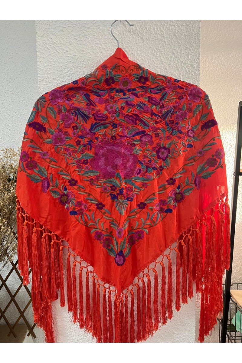 Mantoncillo de flamenca PARAISO naranja butano y fuxia, seda, borlón Mantoncillo de flamenca PARAISO naranja butano y fuxia, seda, borlón