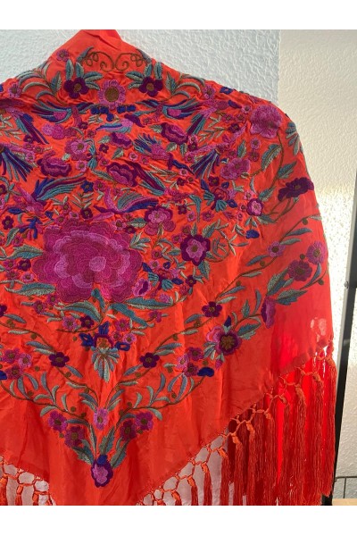 Mantoncillo de flamenca PARAISO naranja butano y fuxia, seda, borlón