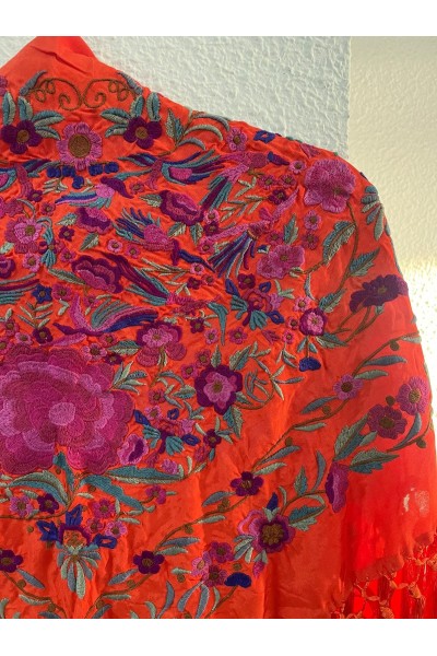 Mantoncillo de flamenca PARAISO naranja butano y fuxia, seda, borlón
