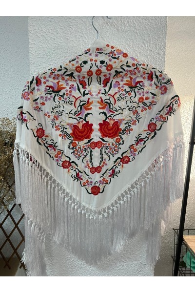 Mantoncillo de flamenca MANZANILLA, blanco, naranja, borlón, artesanal