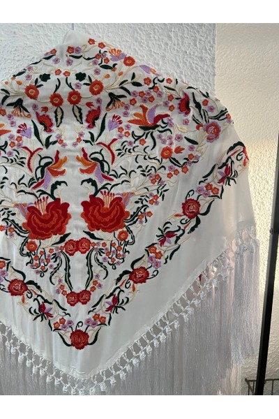 Mantoncillo de flamenca MANZANILLA, blanco, naranja, borlón, artesanal