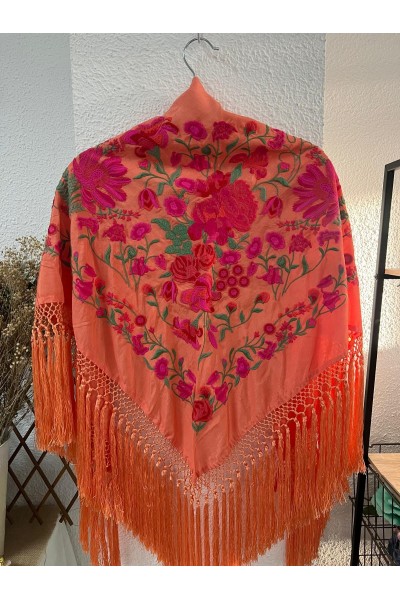 Mantoncillo de flamenca ALGAIDA, naranja y fuxia, flecado especial
