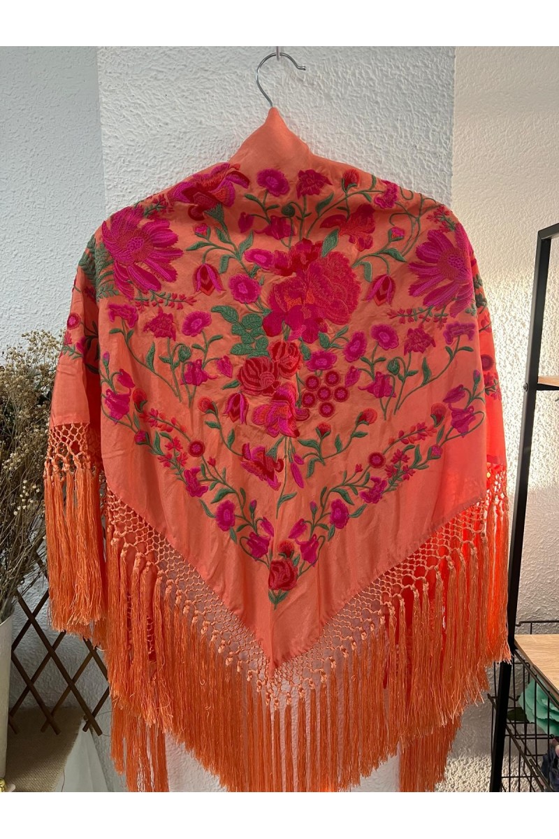 Mantoncillo de flamenca ALGAIDA, naranja y fuxia, flecado especial Mantoncillo de flamenca ALGAIDA, naranja y fuxia, flecado especial