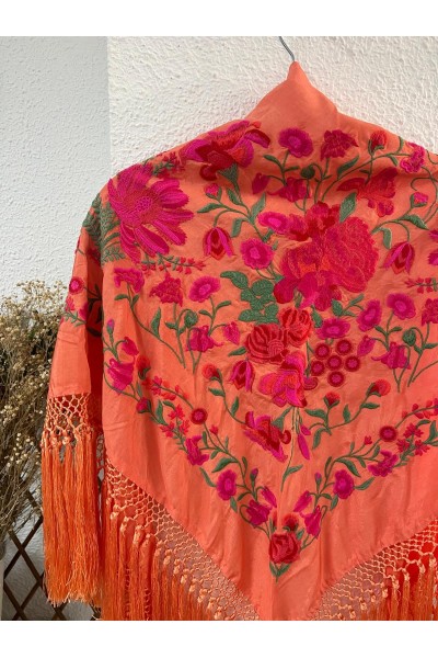 Mantoncillo de flamenca ALGAIDA, naranja y fuxia, flecado especial