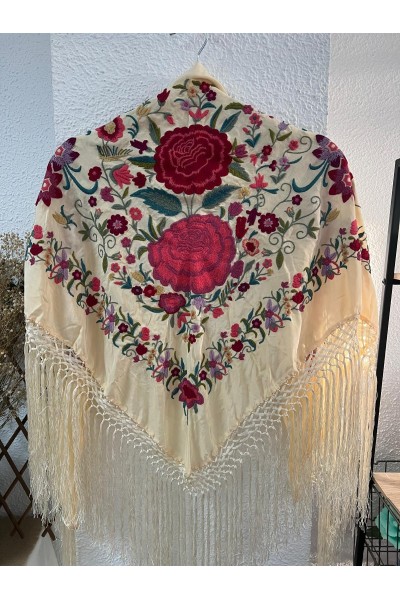Mantoncillo de flamenca PORVENIR vainilla, granate,seda, artesanal