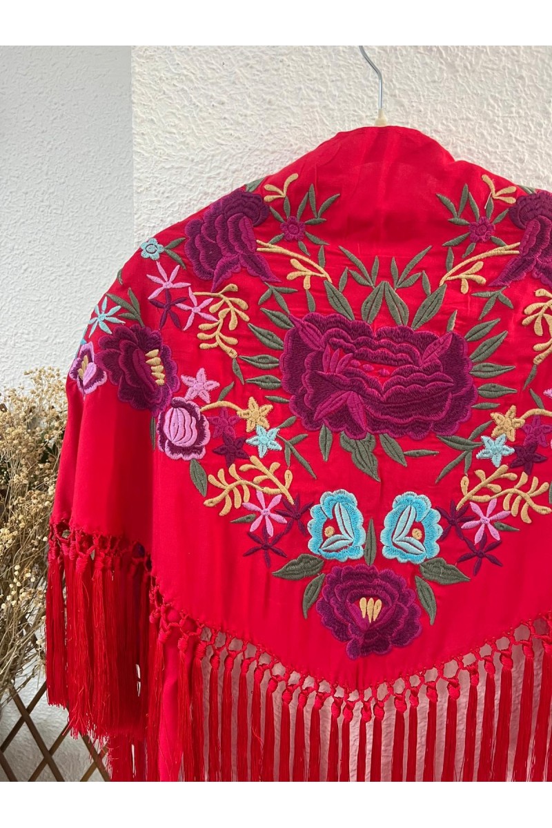 Mantoncillo de flamenca TABLAO rojo y morado, algodón flecado borlones Mantoncillo de flamenca TABLAO rojo y morado, algodón flecado borlones