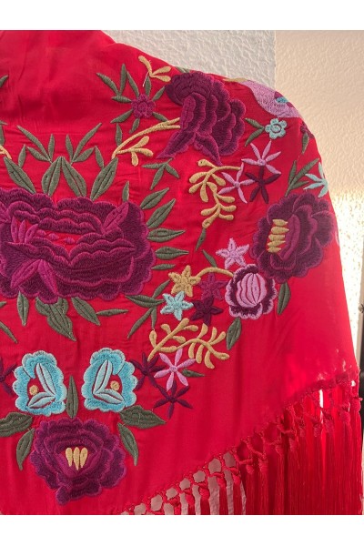 Mantoncillo de flamenca TABLAO rojo y morado, algodón flecado borlones