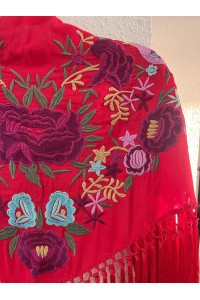 Mantoncillo de flamenca TABLAO rojo y morado, algodón flecado borlones