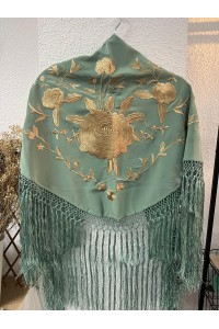 Mantoncillo ROSALEDA verde jabonoso y dorado, flecado artesanal