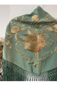 Mantoncillo ROSALEDA verde jabonoso y dorado, flecado artesanal