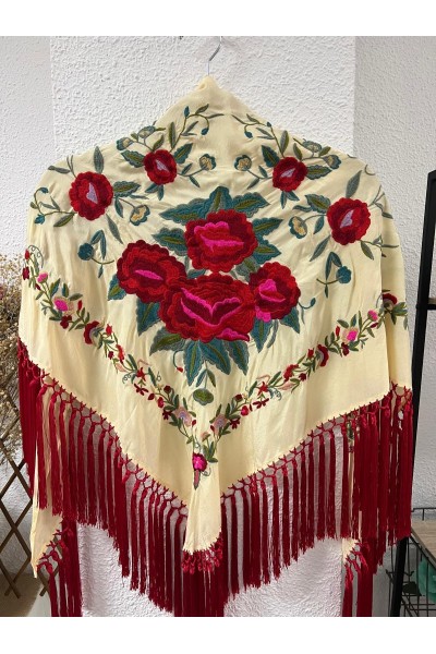 Mantoncillo de flamenca PASTORA vainilla, rojo, rosa, borlones